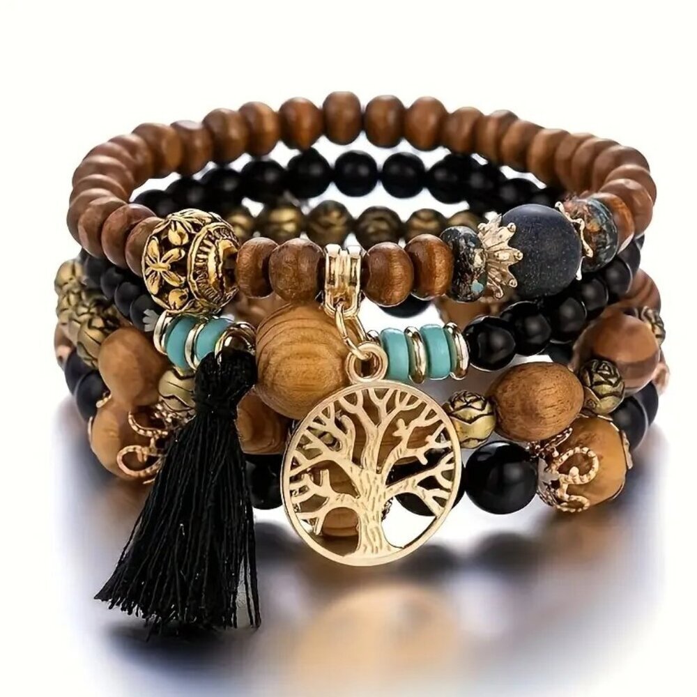 4Pcs Bohemia Tree Of Life Charm Beaded Bracelet Set For Women Handmade Wood Bead